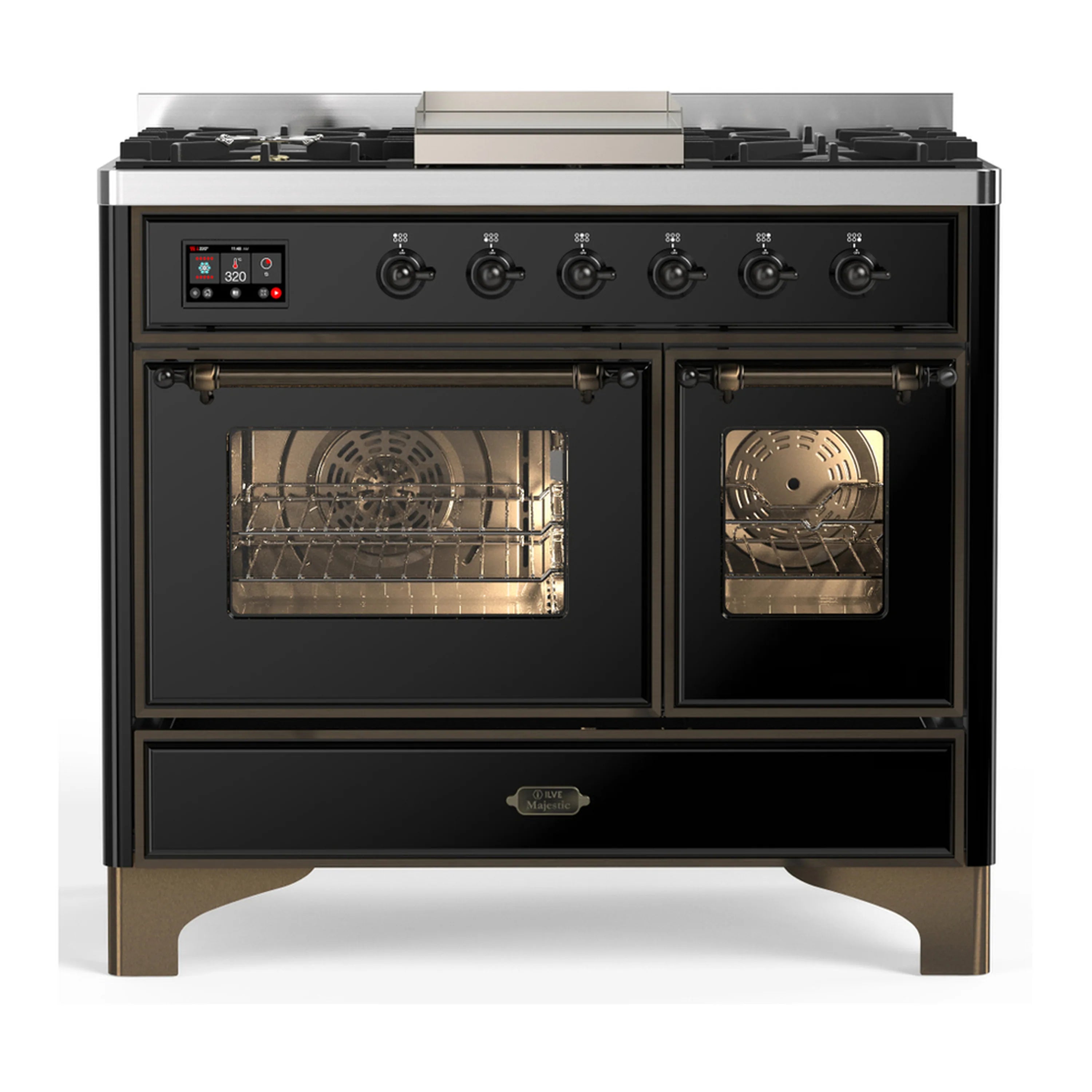 Glossy black dual-fuel range with two open electric ovens and front control panel