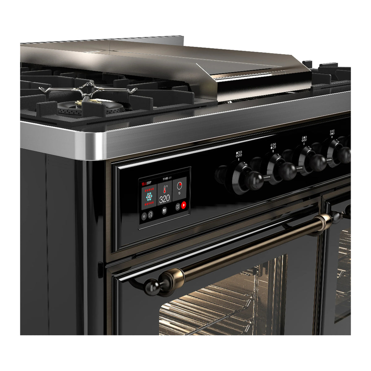 Glossy black dual-fuel range control panel with knobs and visible oven door handle