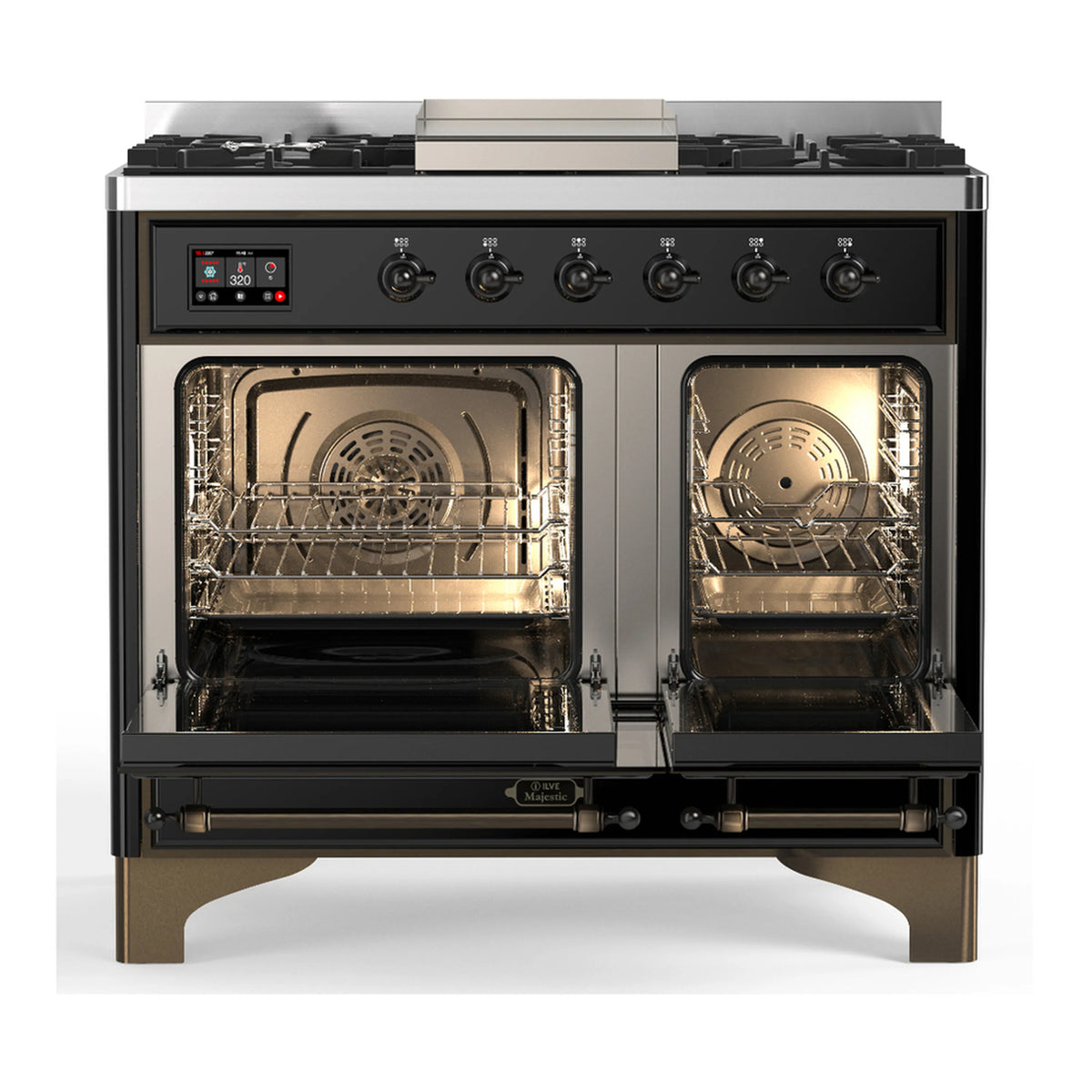 Glossy black dual-fuel range with both oven doors open, showing racks and interior light