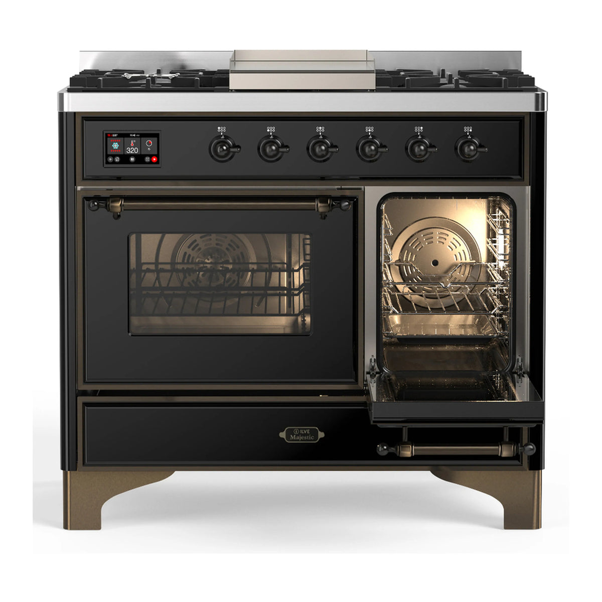 Glossy black dual-fuel range with one oven door open and other door closed, front view