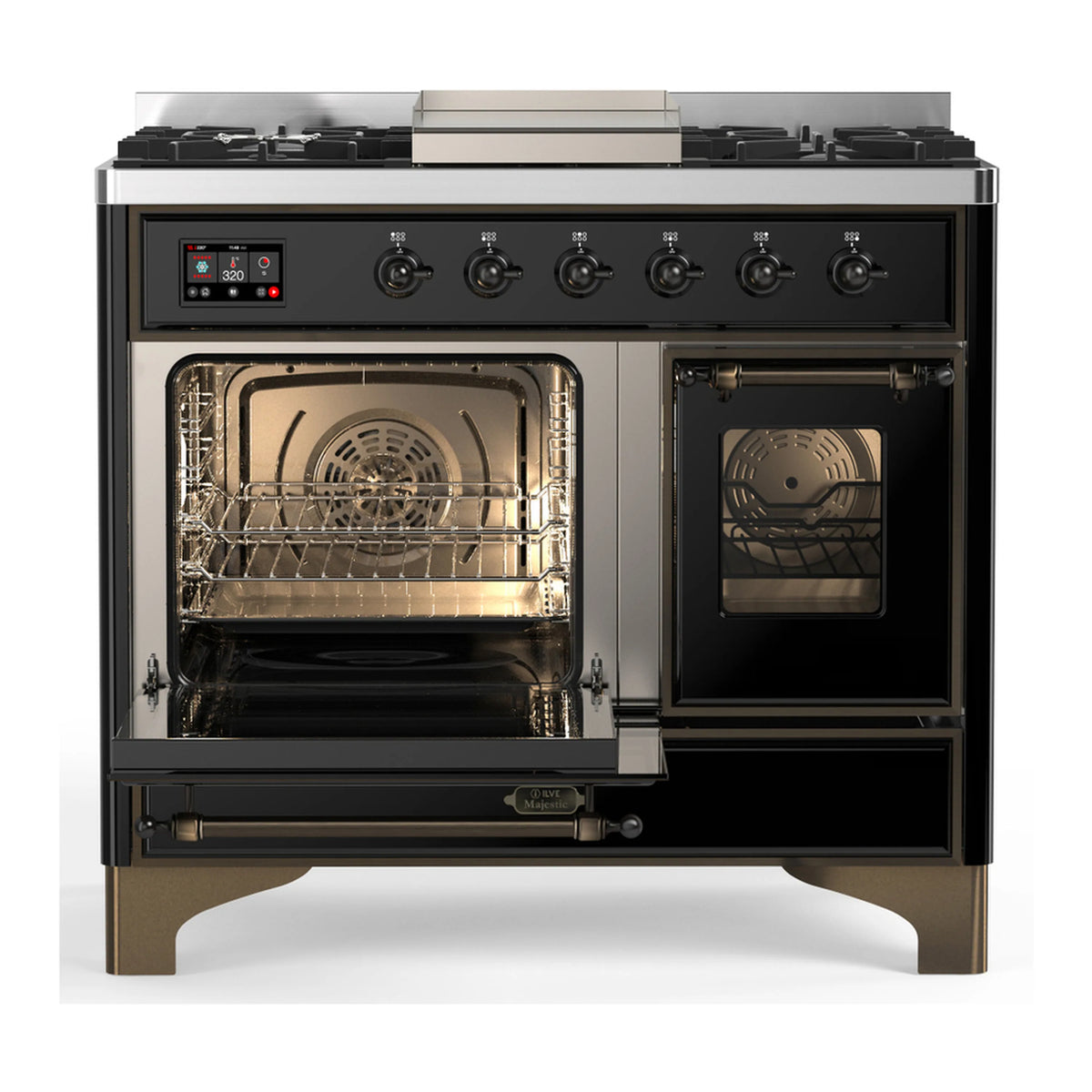 Glossy black dual-fuel range with both oven doors open and bottom storage drawer
