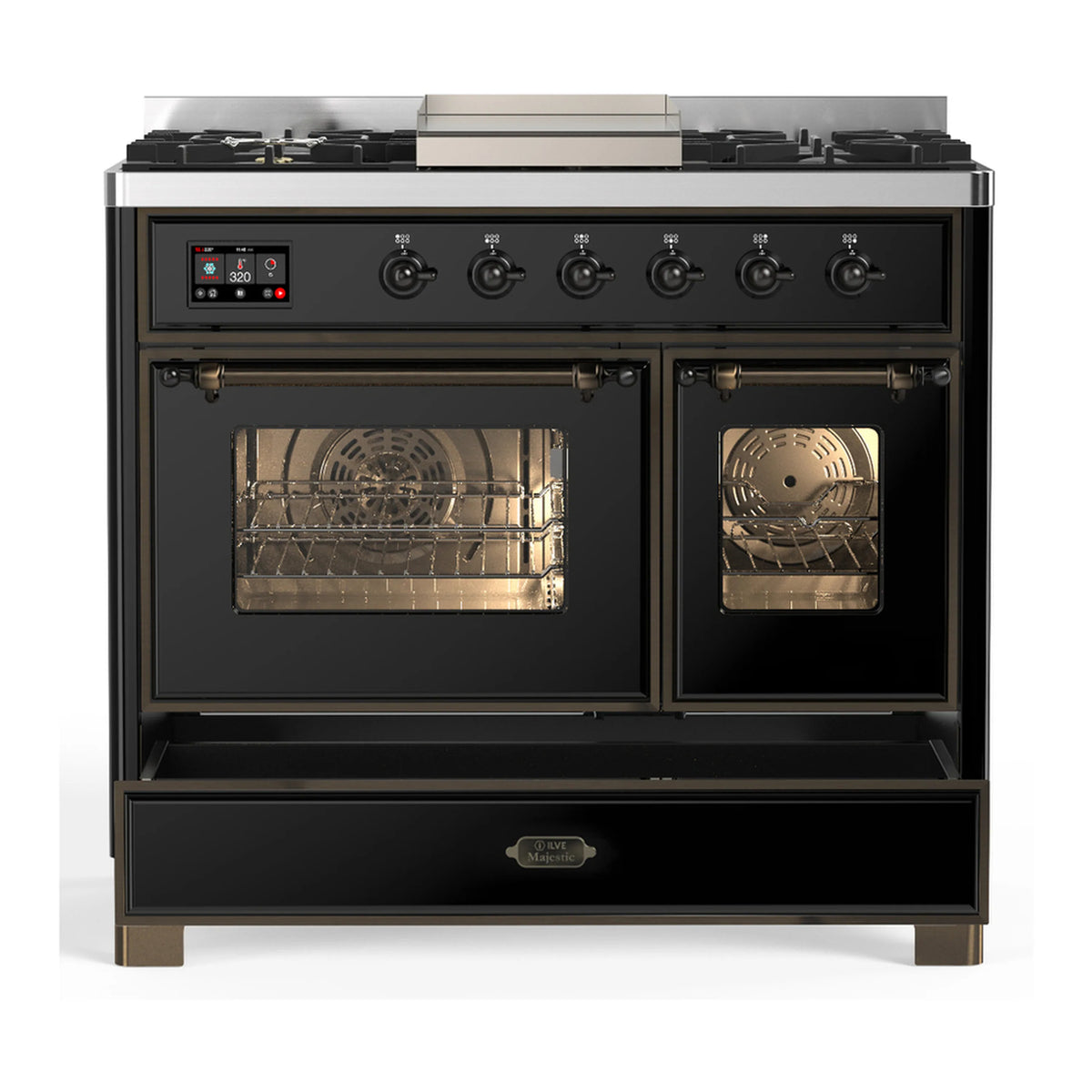 Glossy black dual-fuel range with open ovens, upper control panel, and lower drawer
