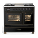 ILVE Majestic III 40-inch Dual Fuel Range with 6 Natural Gas Burner, Griddle and Triple Glass Door Electric Oven in Glossy Black with Burnished Trim (UMD40FNR3BKB)