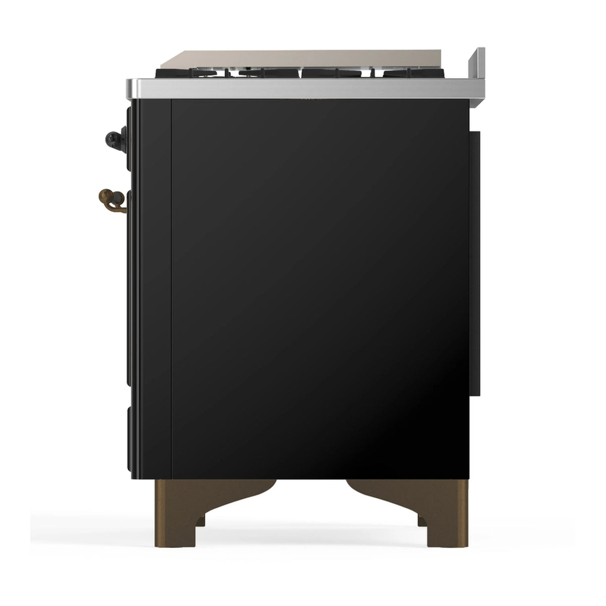 Glossy black dual-fuel range side view with burner top and brass-toned feet
