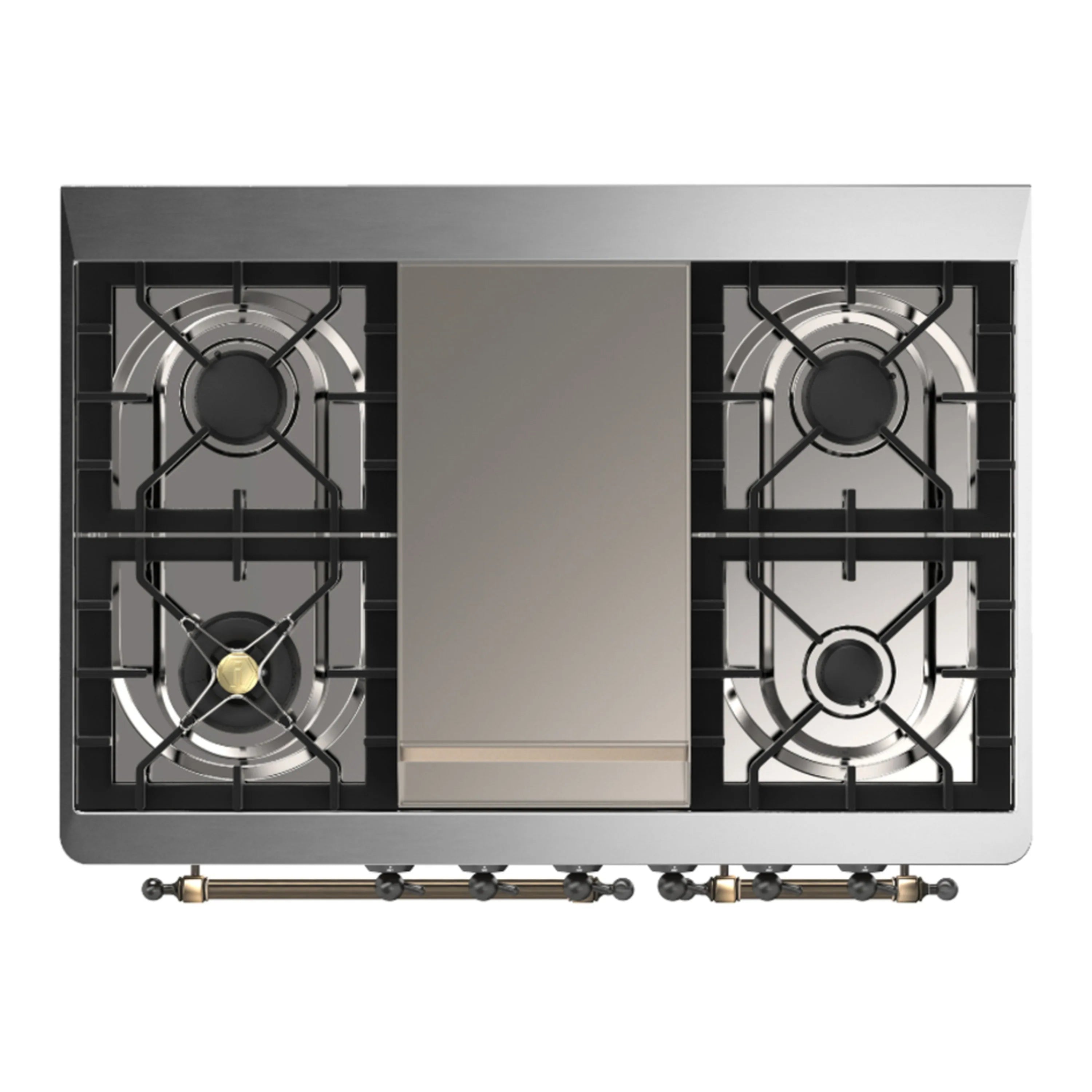 Dual-fuel range cooktop with four gas burners and metal grates, viewed from above