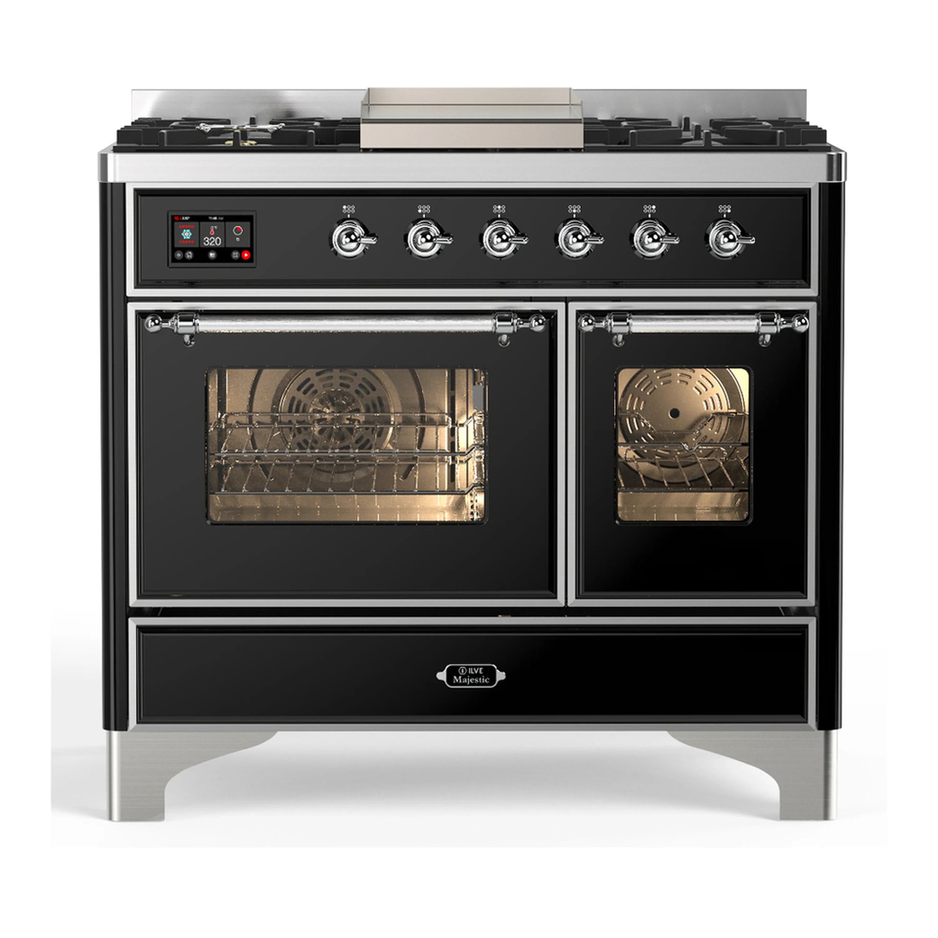 Front view of glossy black dual fuel range with chrome trim; double oven doors and control panel.