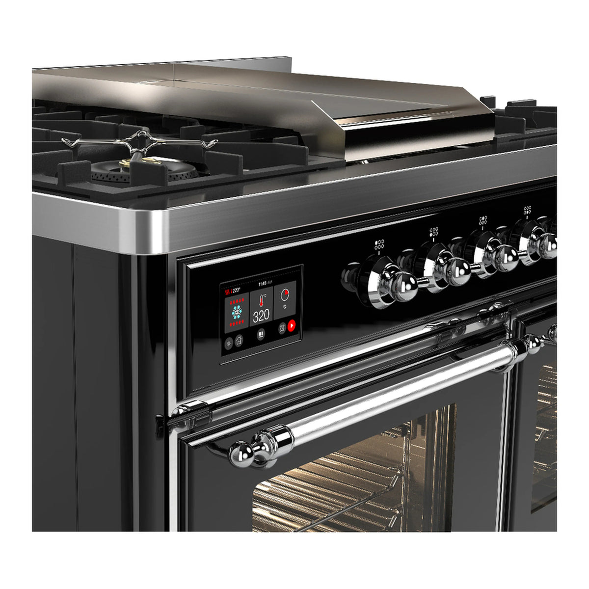Close-up of glossy black dual fuel range control panel with knobs and digital display.