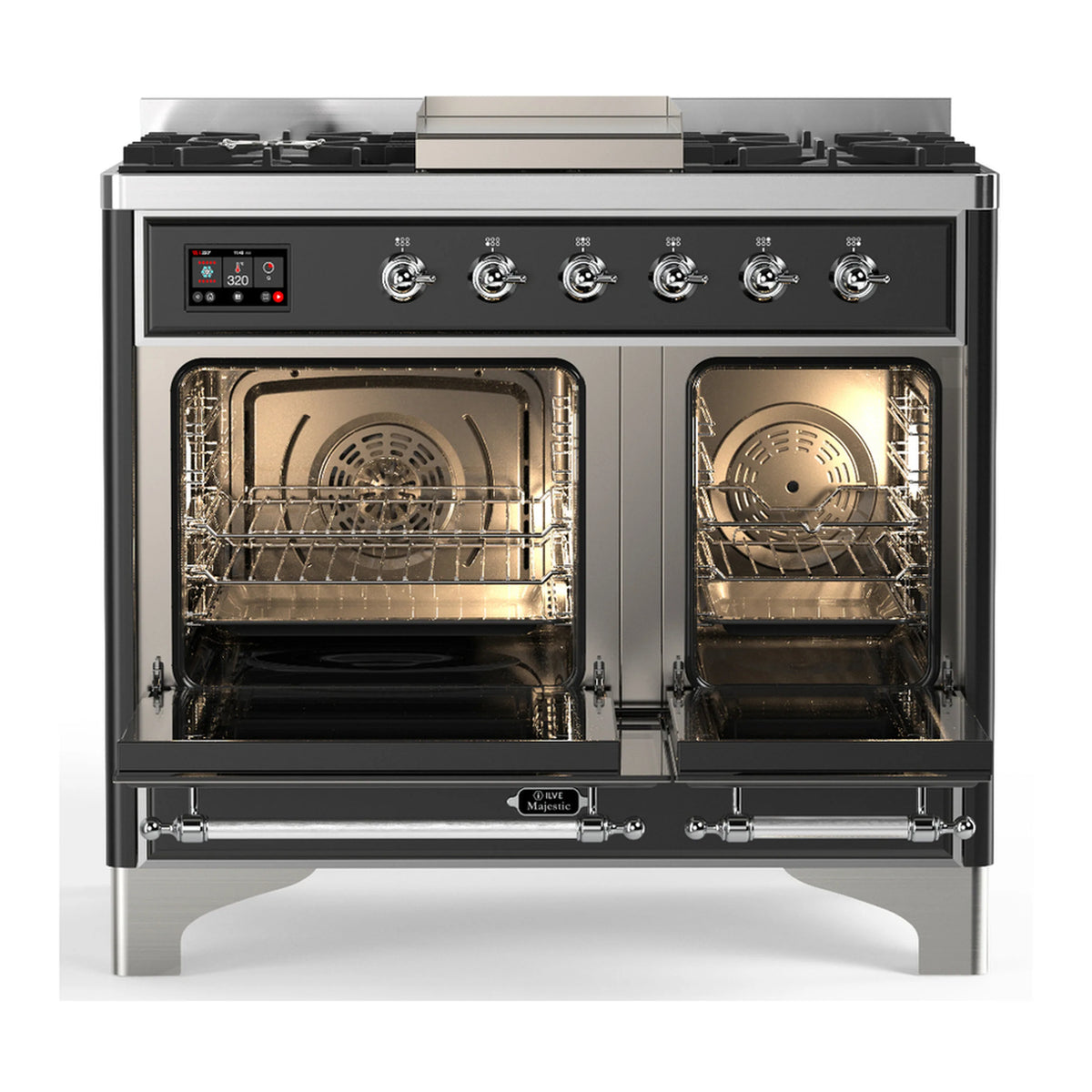 Glossy black dual fuel range with chrome trim; open oven doors show racks and broiler area.