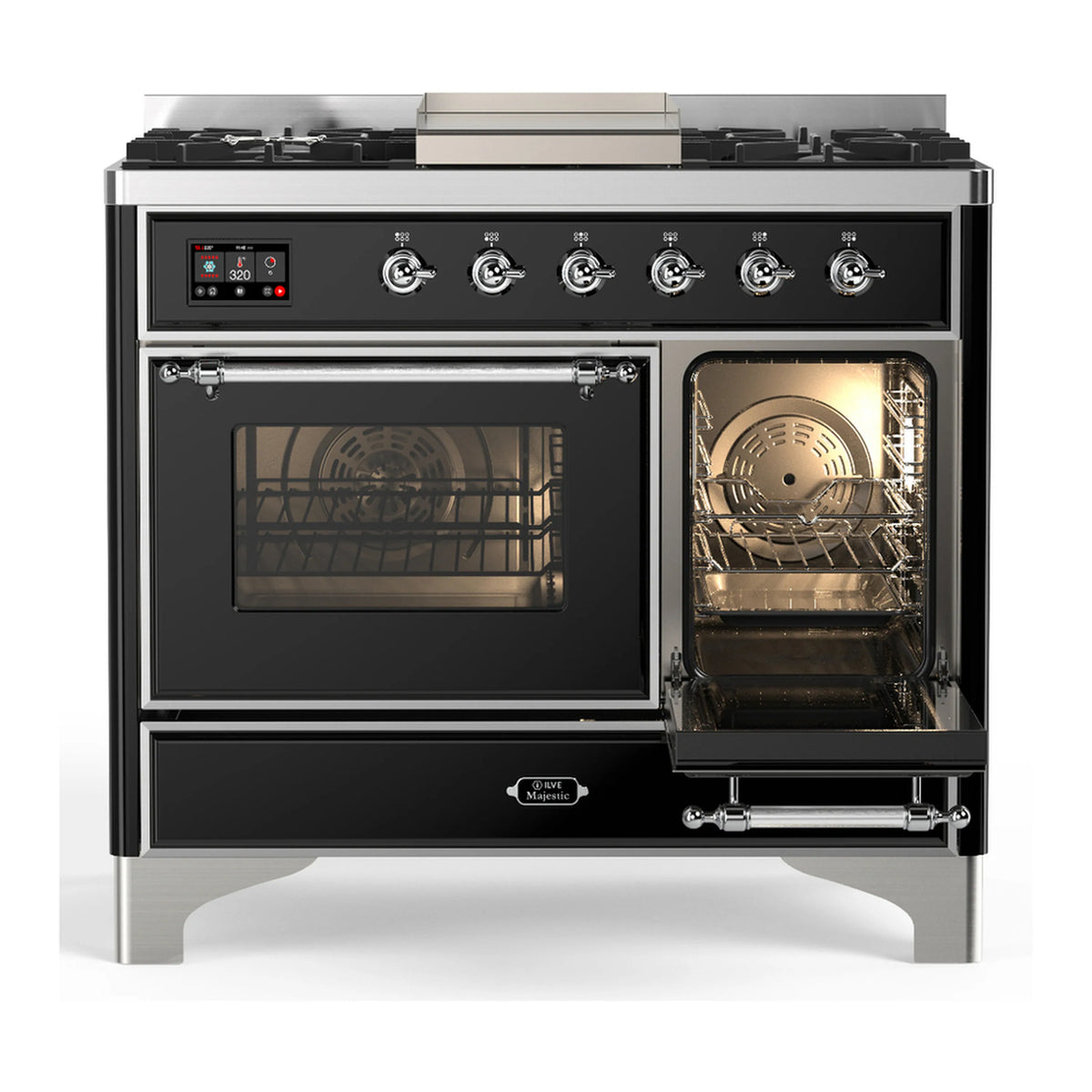 Glossy black dual fuel range with chrome trim; one oven door open showing interior racks.