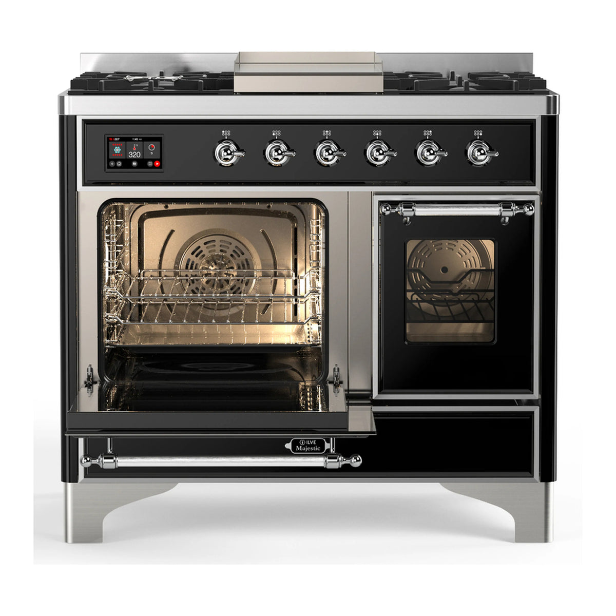 Glossy black dual fuel range with chrome trim; two oven doors open with visible racks.