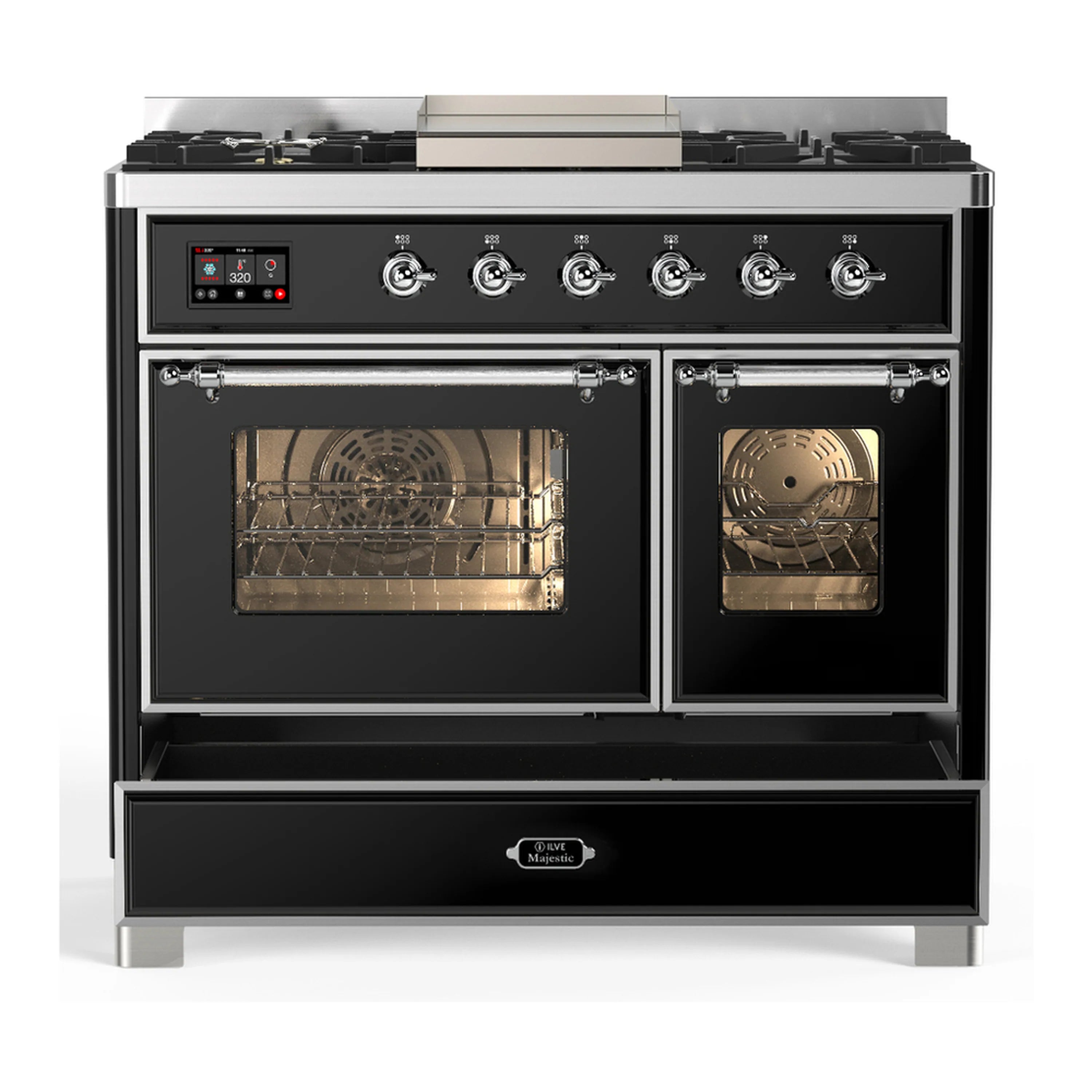 Glossy black dual fuel range with chrome trim; front double oven doors and lower drawer closed.