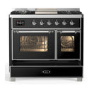 ILVE Majestic III 40-inch Dual Fuel Range with 6 Natural Gas Burner, Griddle and Triple Glass Door Electric Oven in Glossy Black with Chrome Trim (UMD40FNR3BKC)
