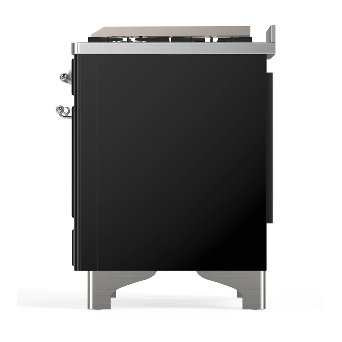 Side view of glossy black dual fuel range with chrome trim and stainless legs.