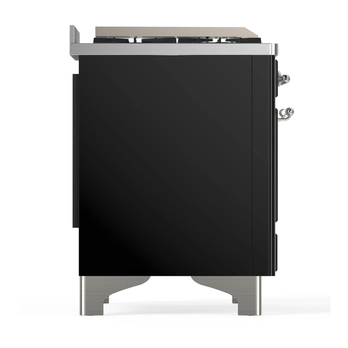 Rear side view of glossy black dual fuel range with chrome trim and stainless legs.