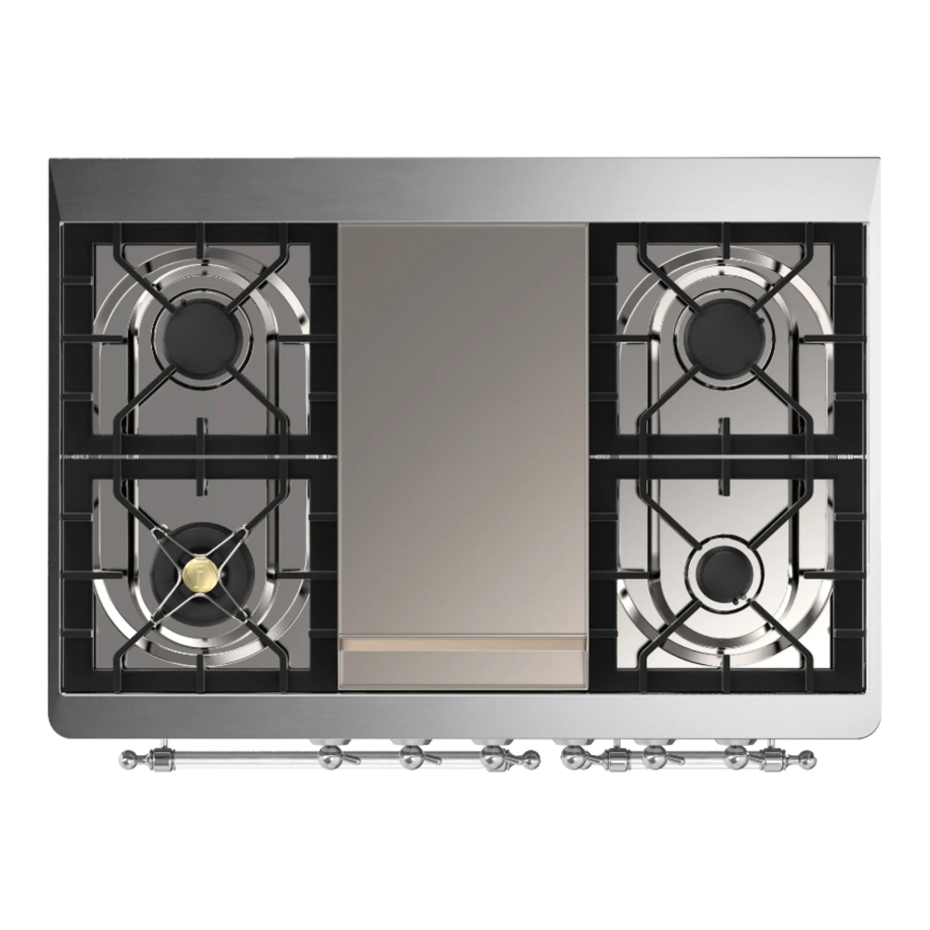 Top view of glossy black dual fuel range cooktop with four gas burners and griddle surface.