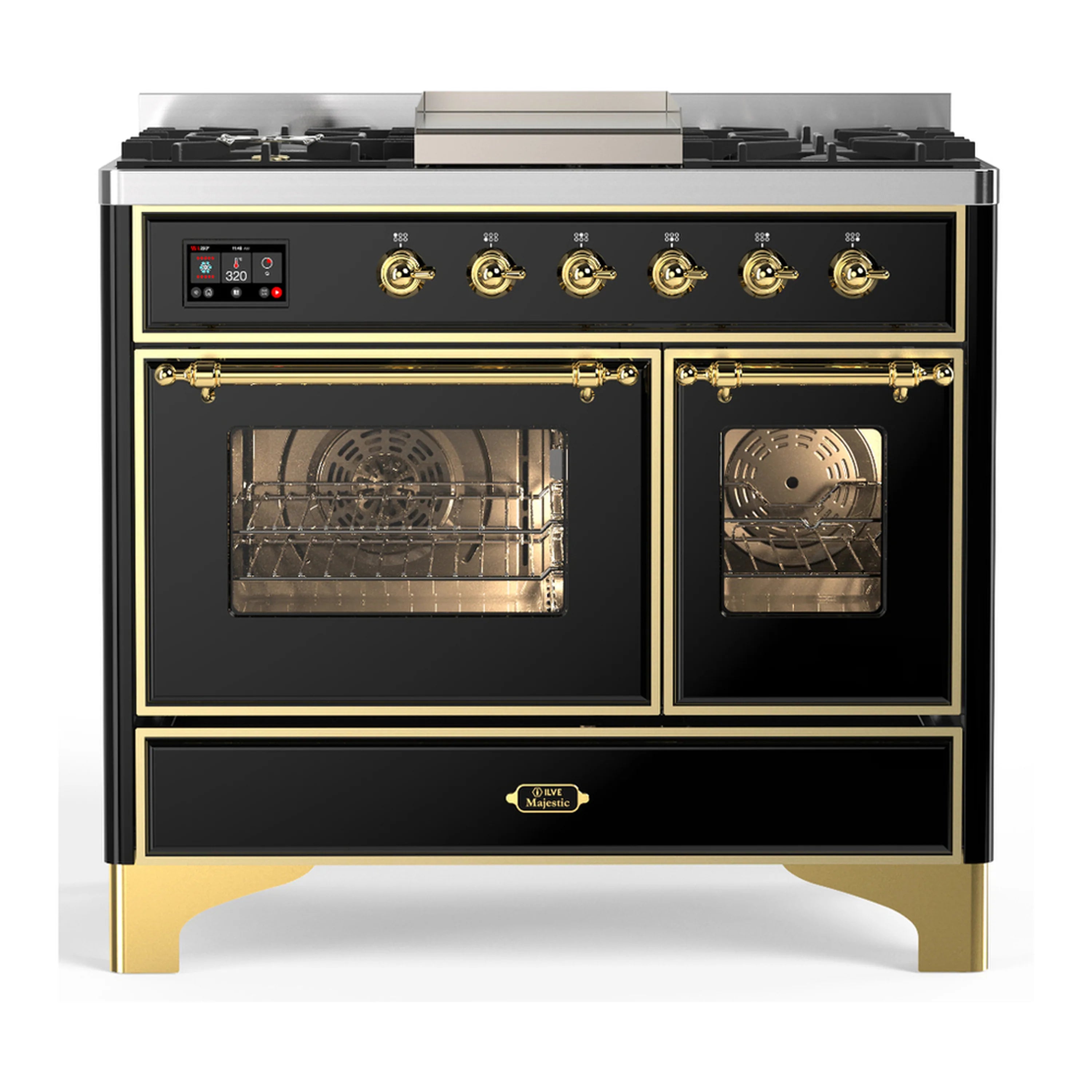 Glossy black dual fuel range with brass trim; two ovens and control panel front view