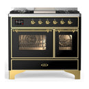 ILVE Majestic III 40-inch Dual Fuel Range with 6 Natural Gas Burner, Griddle and Triple Glass Door Electric Oven in Glossy Black with Brass Trim (UMD40FNR3BKG)