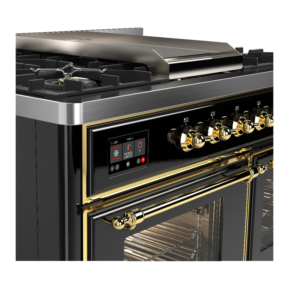 Glossy black dual fuel range with brass trim; control panel and oven door edge shown