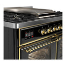 ILVE Majestic III 40-inch Dual Fuel Range with 6 Natural Gas Burner, Griddle and Triple Glass Door Electric Oven in Glossy Black with Brass Trim (UMD40FNR3BKG)