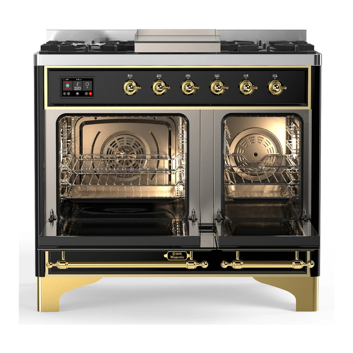 Glossy black dual fuel range with brass trim; doors open to reveal two ovens