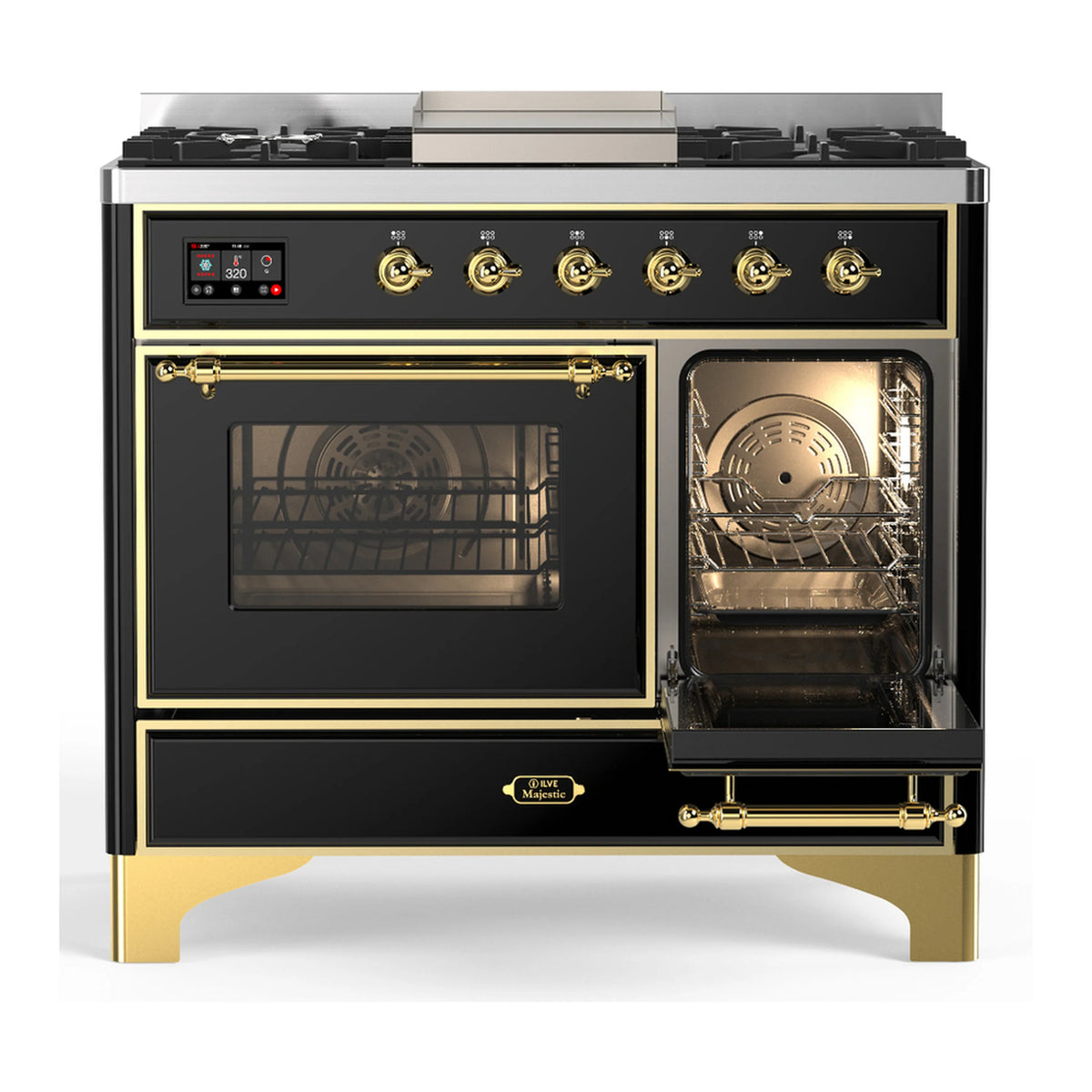 Glossy black dual fuel range with brass trim; large viewing glass oven door