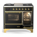ILVE Majestic III 40-inch Dual Fuel Range with 6 Natural Gas Burner, Griddle and Triple Glass Door Electric Oven in Glossy Black with Brass Trim (UMD40FNR3BKG)