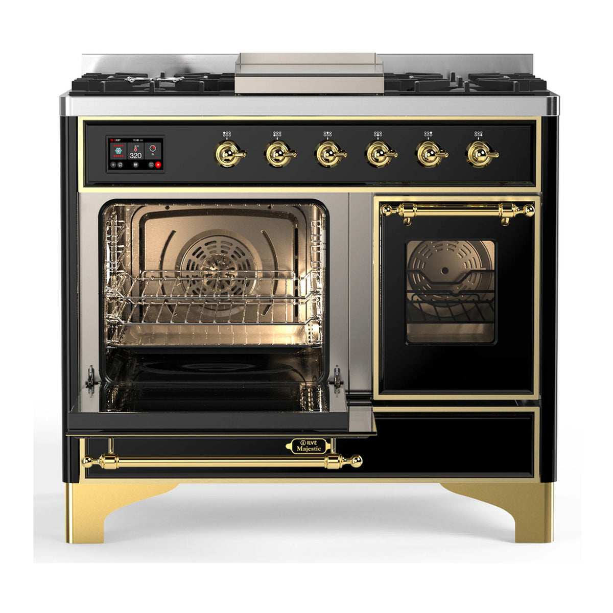 Glossy black dual fuel range with brass trim; one oven door open and controls visible