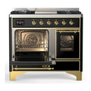 ILVE Majestic III 40-inch Dual Fuel Range with 6 Natural Gas Burner, Griddle and Triple Glass Door Electric Oven in Glossy Black with Brass Trim (UMD40FNR3BKG)