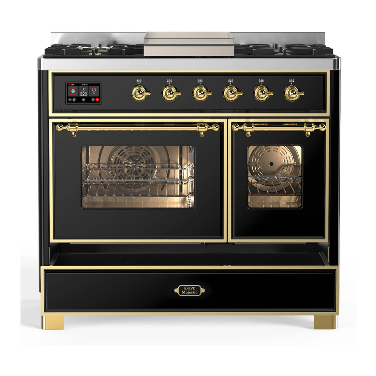 Glossy black dual fuel range with brass trim; both oven doors open and handles shown