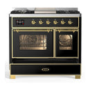 ILVE Majestic III 40-inch Dual Fuel Range with 6 Natural Gas Burner, Griddle and Triple Glass Door Electric Oven in Glossy Black with Brass Trim (UMD40FNR3BKG)