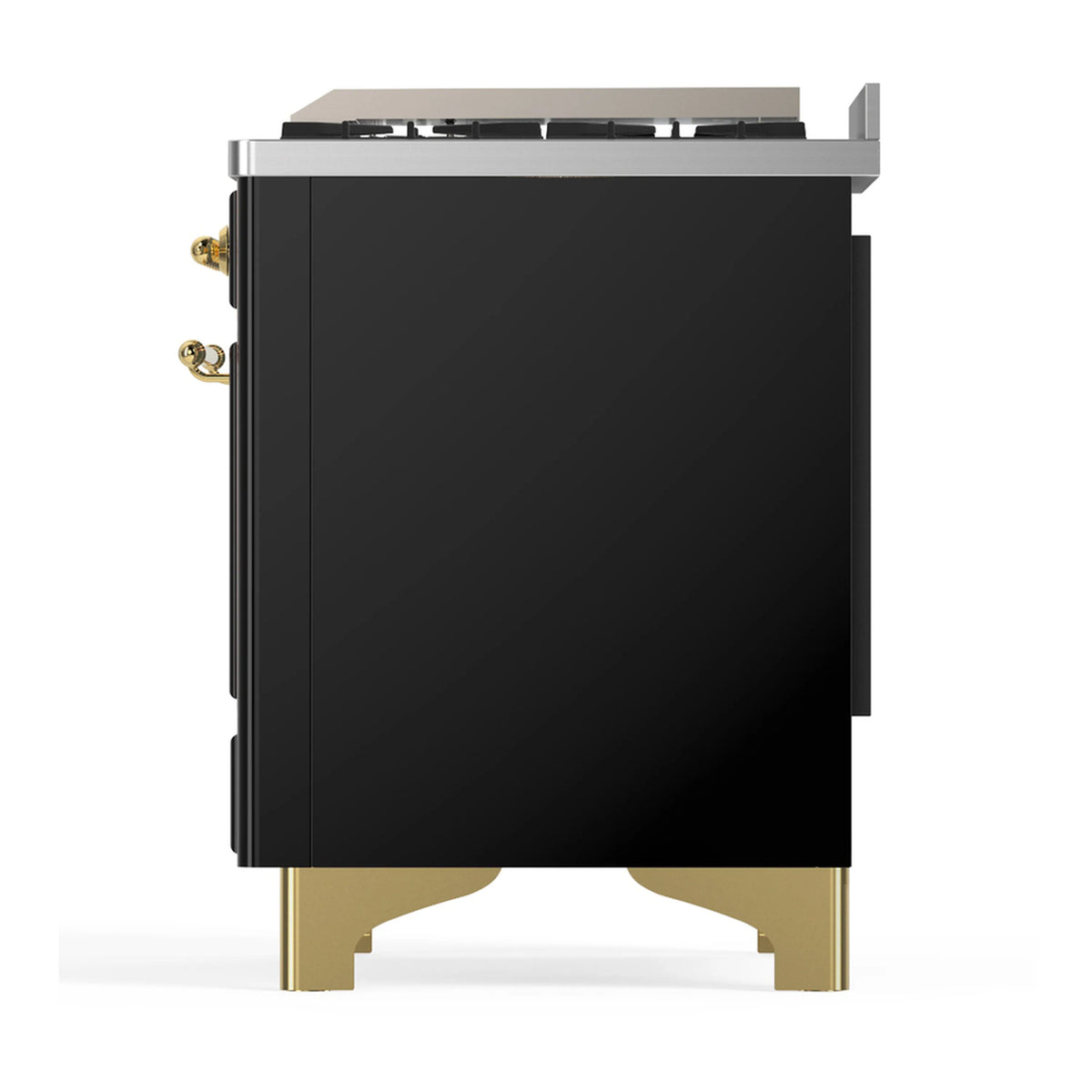 Glossy black dual fuel range side panel with brass legs and rear vent