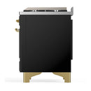 ILVE Majestic III 40-inch Dual Fuel Range with 6 Natural Gas Burner, Griddle and Triple Glass Door Electric Oven in Glossy Black with Brass Trim (UMD40FNR3BKG)