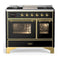ILVE Majestic III 40-inch Dual Fuel Range with 6 Natural Gas Burner, Griddle and Triple Glass Door Electric Oven in Glossy Black with Brass Trim (UMD40FNR3BKG)