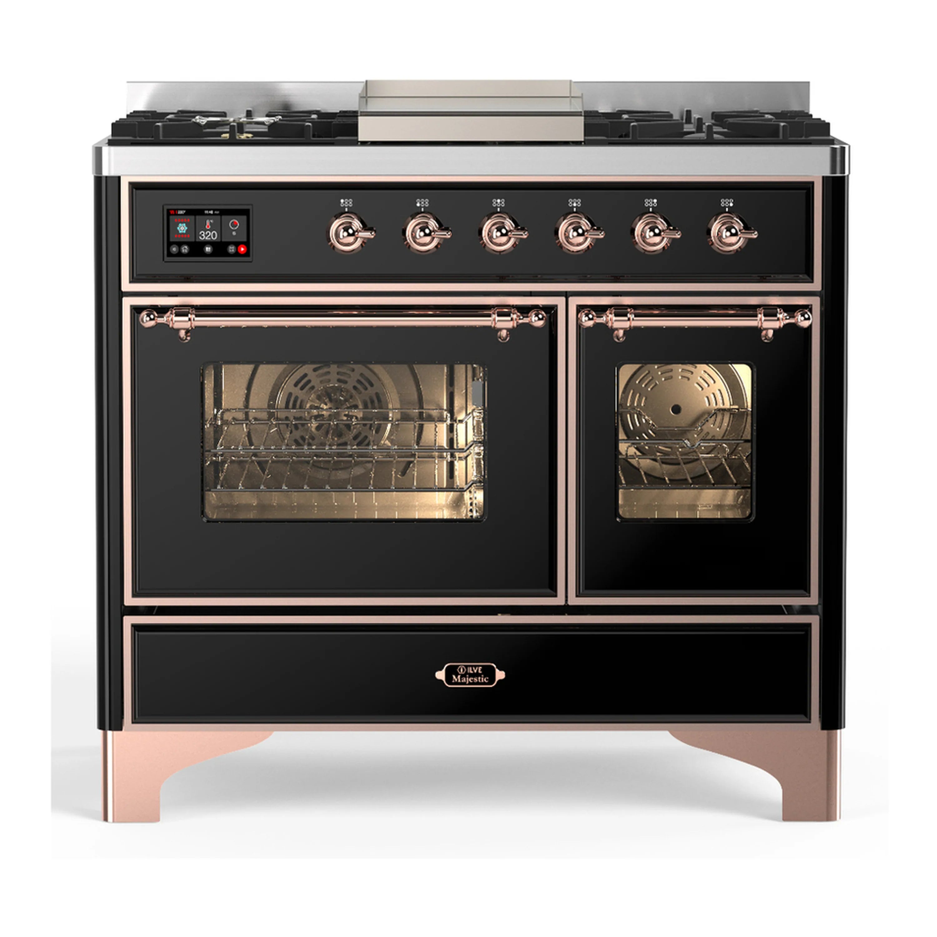 Glossy black dual fuel range front view with lit ovens and copper-trim door handles