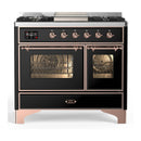 ILVE Majestic III 40-inch Dual Fuel Range with 6 Natural Gas Burner, Griddle and Triple Glass Door Electric Oven in Glossy Black with Copper Trim (UMD40FNR3BKP)
