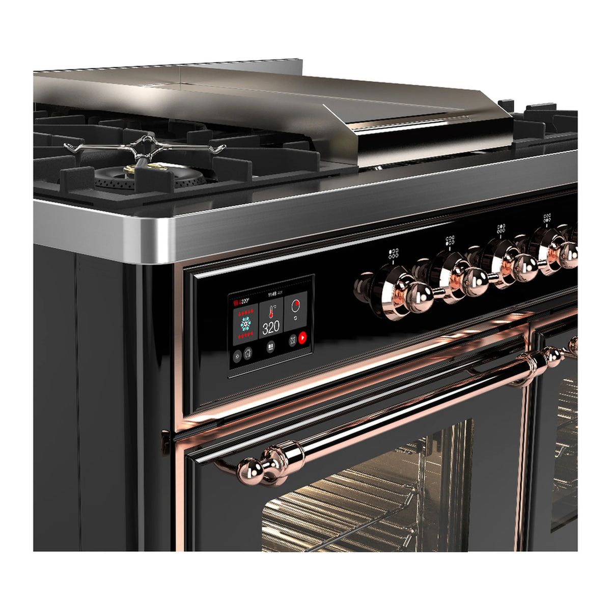 Glossy black dual fuel range with copper-trimmed control panel and open oven door