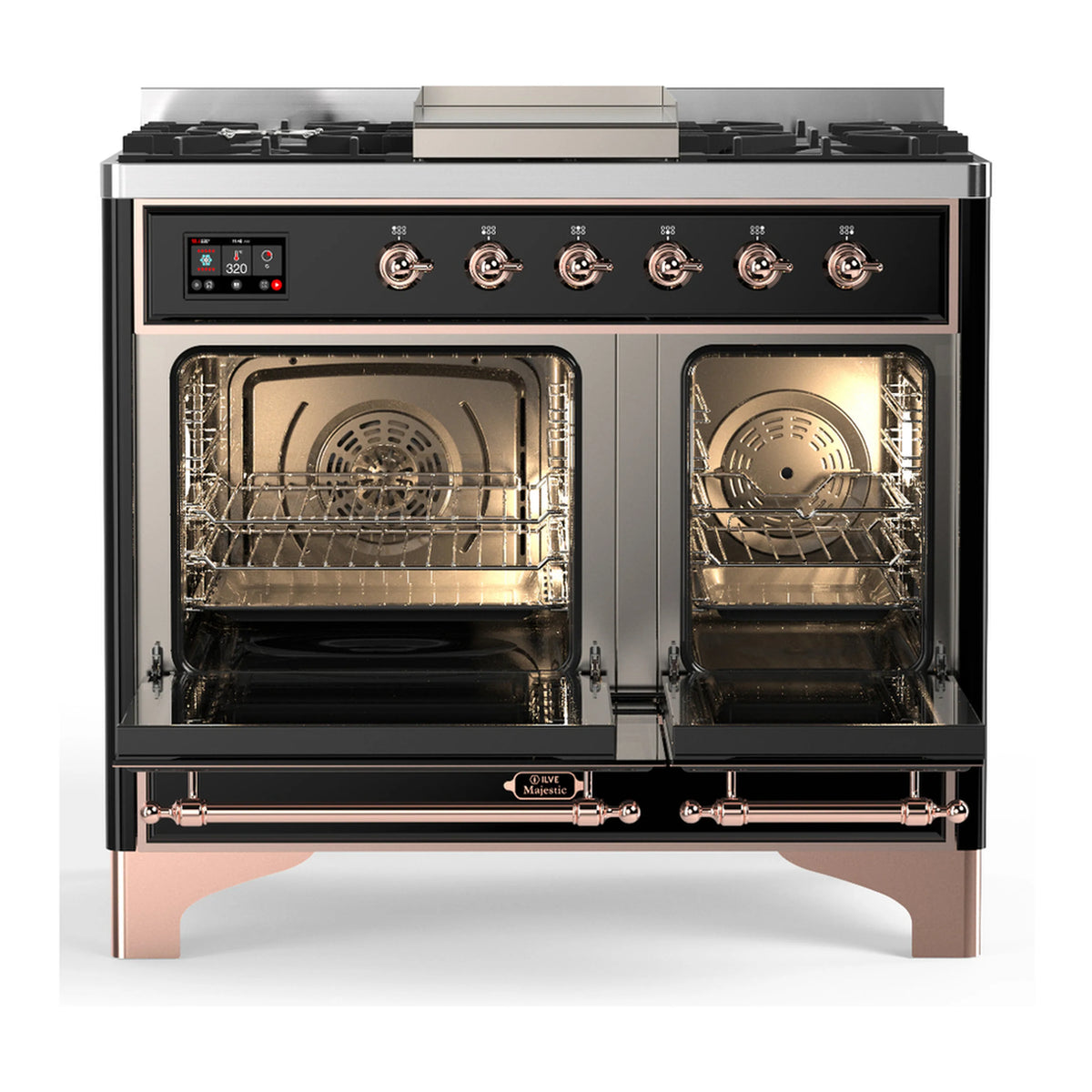 Glossy black dual fuel range with copper-trim oven door handles, burners and digital controls
