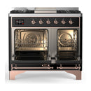 ILVE Majestic III 40-inch Dual Fuel Range with 6 Natural Gas Burner, Griddle and Triple Glass Door Electric Oven in Glossy Black with Copper Trim (UMD40FNR3BKP)