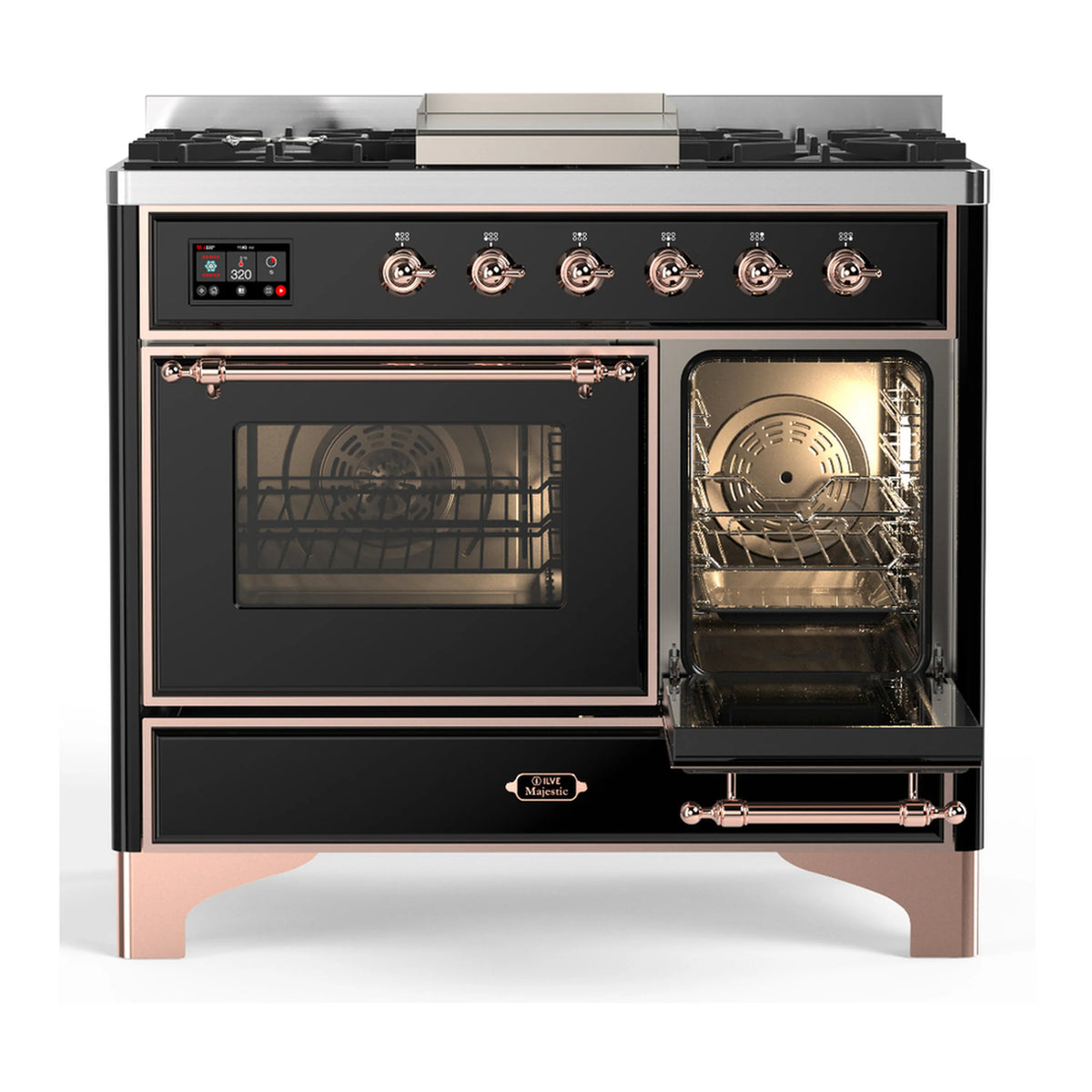 Glossy black dual fuel range with copper-trimmed control knobs and two oven doors