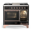 ILVE Majestic III 40-inch Dual Fuel Range with 6 Natural Gas Burner, Griddle and Triple Glass Door Electric Oven in Glossy Black with Copper Trim (UMD40FNR3BKP)