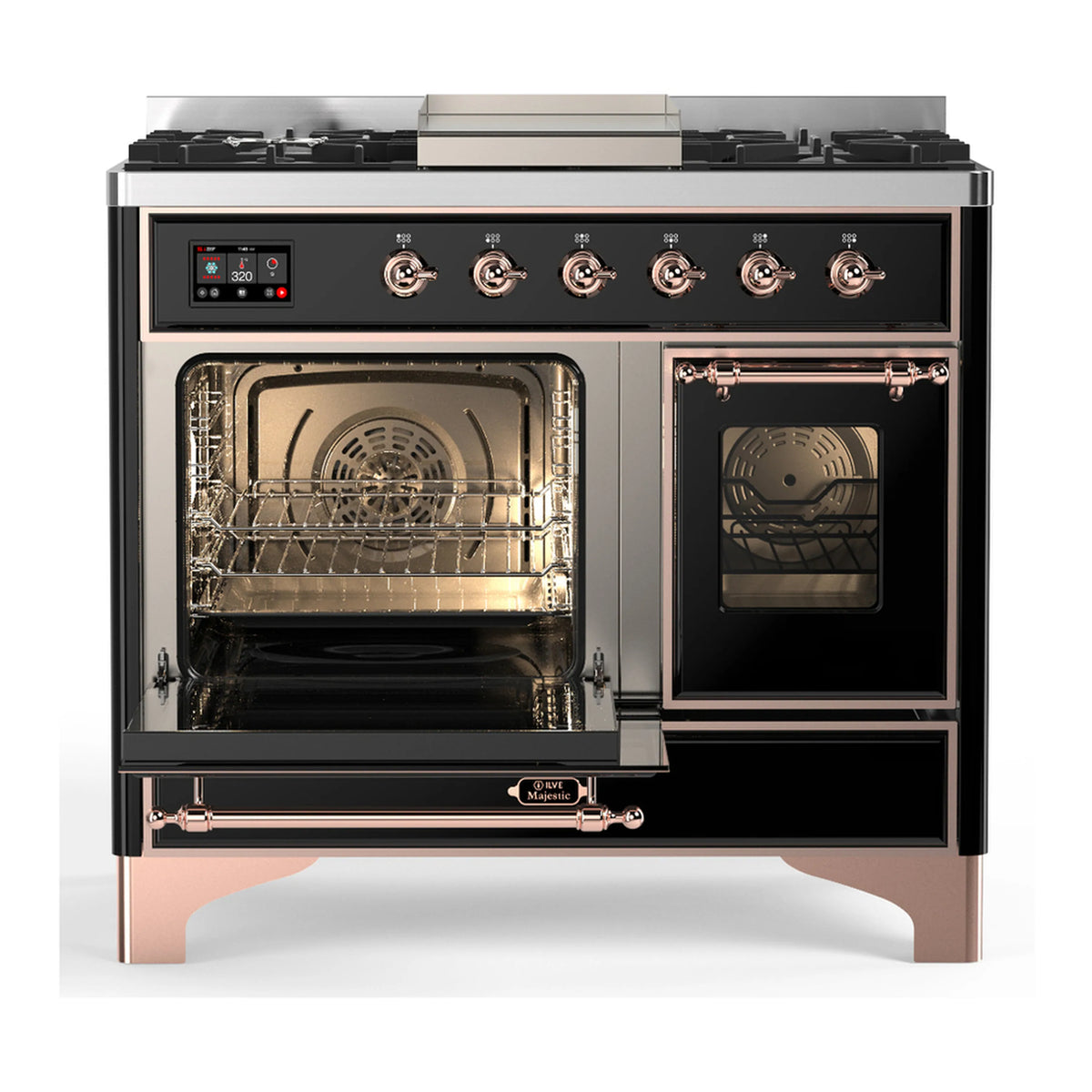 Glossy black dual fuel range with copper-trim door handles, lit oven interiors, burners