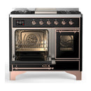 ILVE Majestic III 40-inch Dual Fuel Range with 6 Natural Gas Burner, Griddle and Triple Glass Door Electric Oven in Glossy Black with Copper Trim (UMD40FNR3BKP)