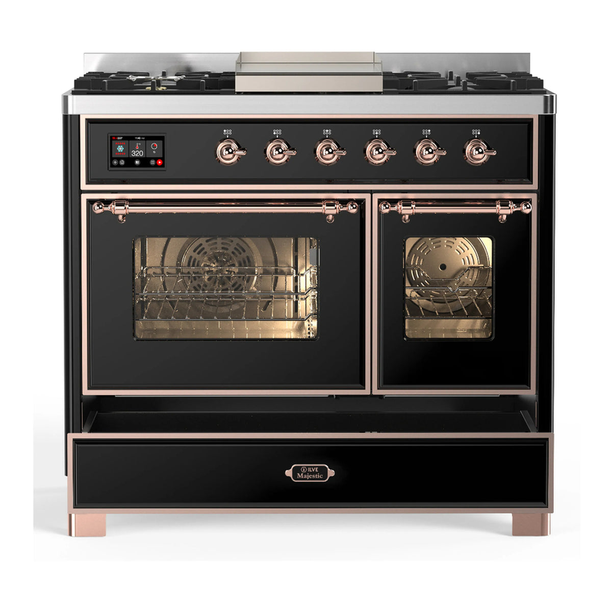 Glossy black dual fuel range showing two oven doors with copper-trim handles