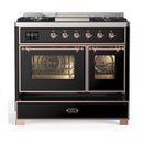 ILVE Majestic III 40-inch Dual Fuel Range with 6 Natural Gas Burner, Griddle and Triple Glass Door Electric Oven in Glossy Black with Copper Trim (UMD40FNR3BKP)