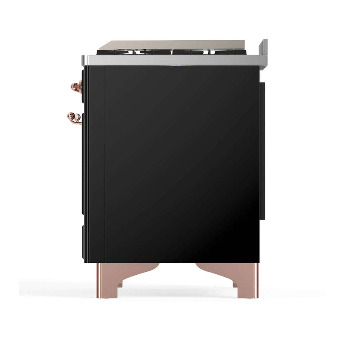 Side view of glossy black dual fuel range with copper-trim accents and control panel