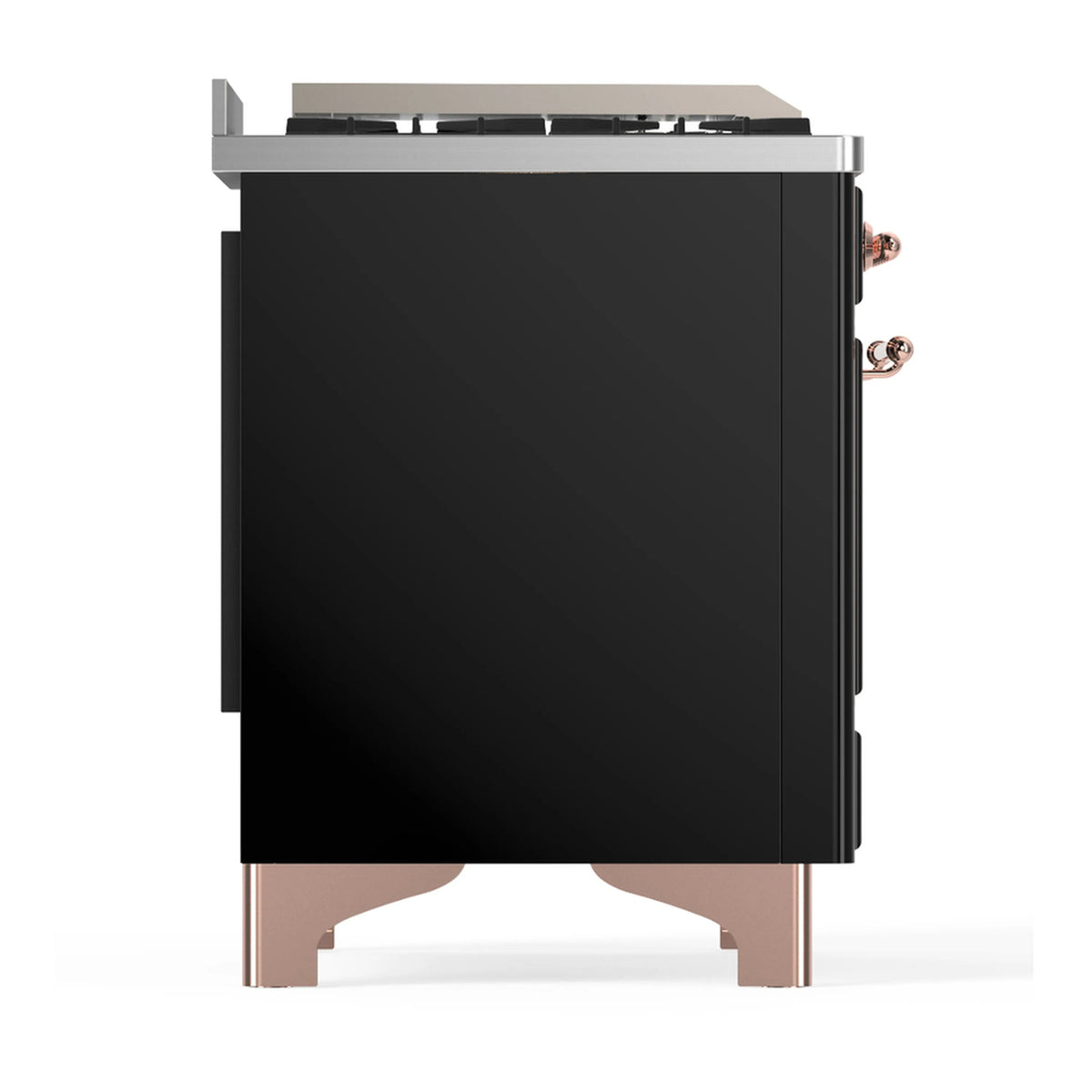 Rear quarter view of glossy black dual fuel range with copper-trim details