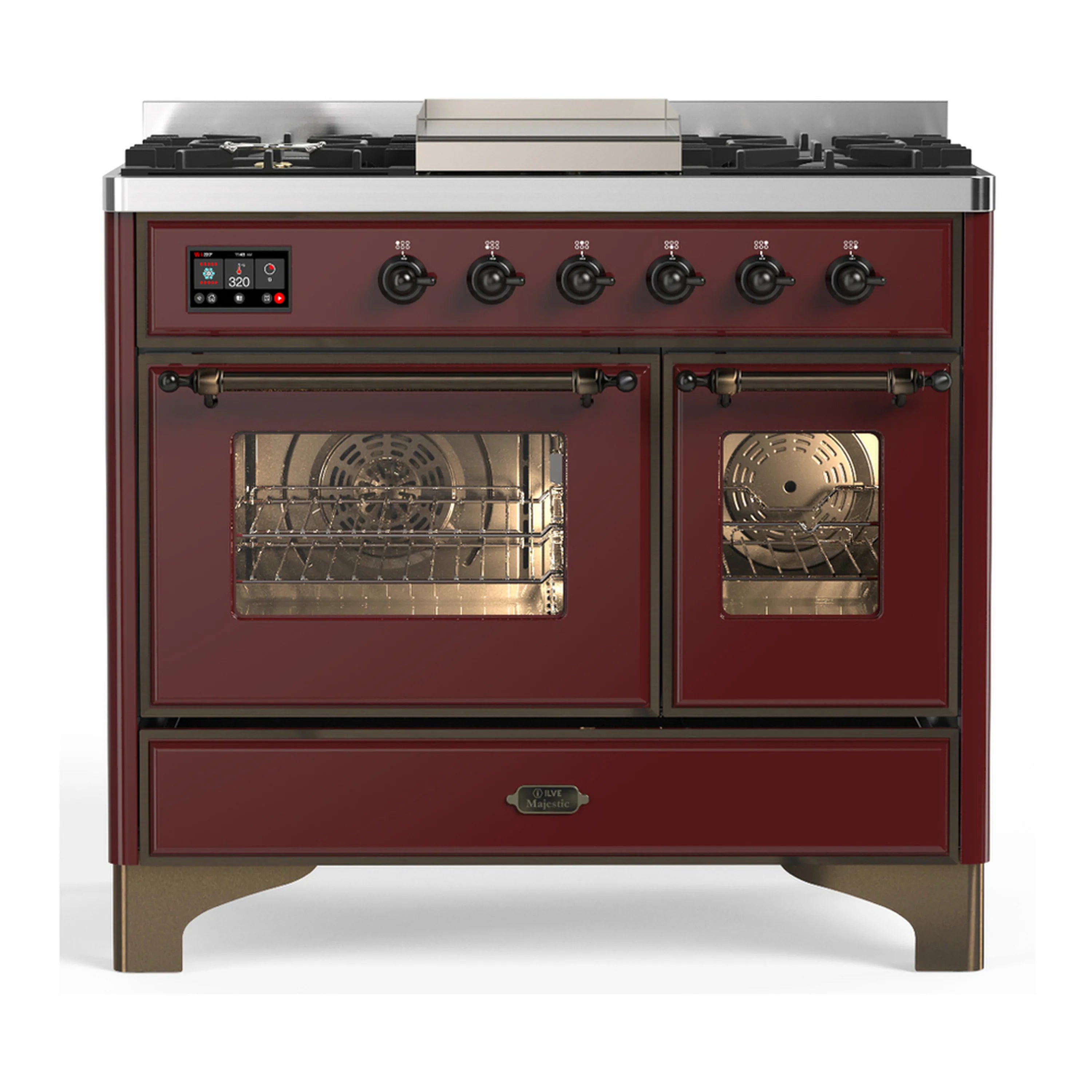 Burgundy dual-fuel range with six gas burners, griddle, and triple electric oven doors