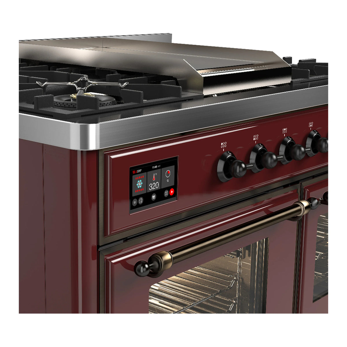 Burgundy control panel and oven door handle with six burner grates and cooktop