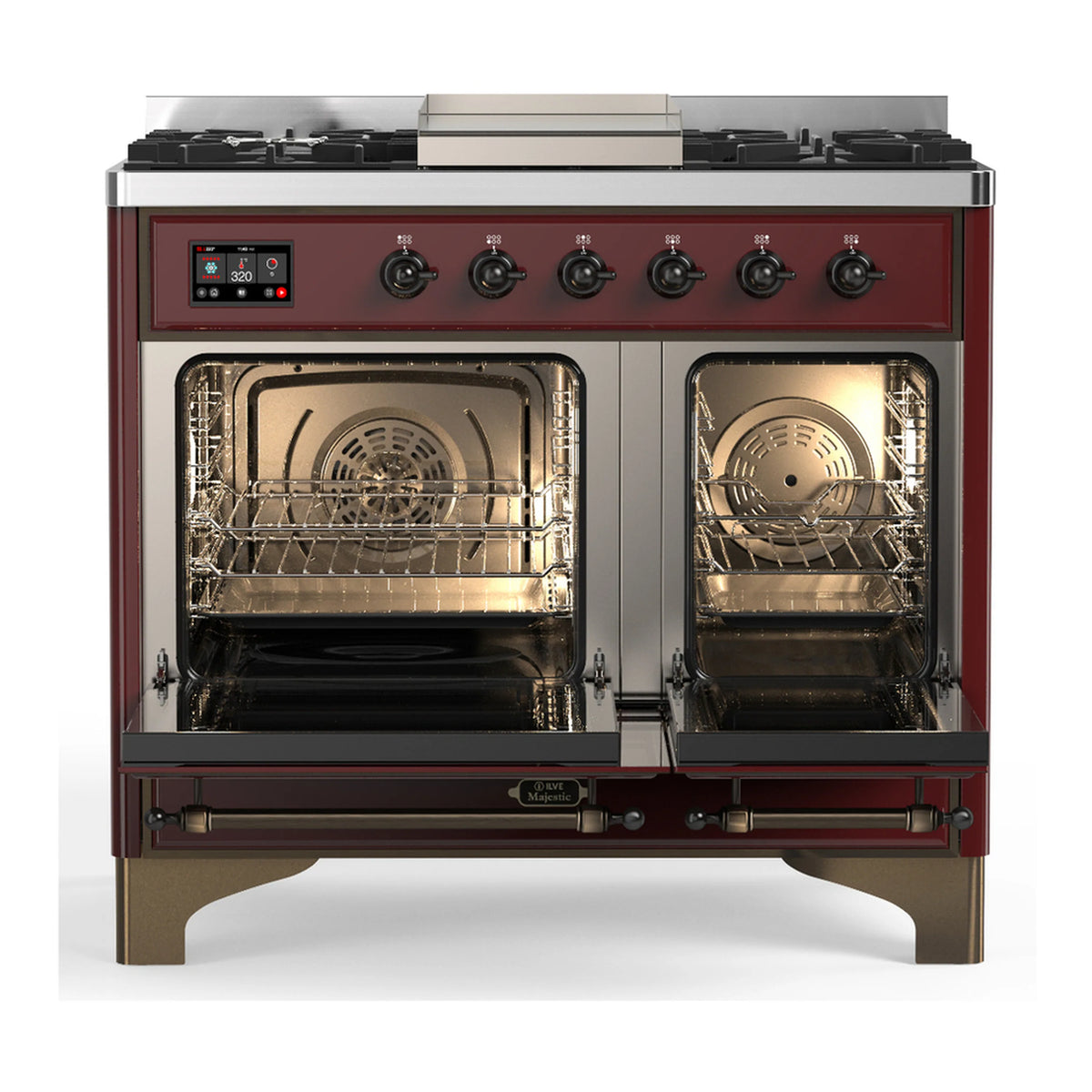 Burgundy dual-fuel range with two oven doors open showing racks and interior fan