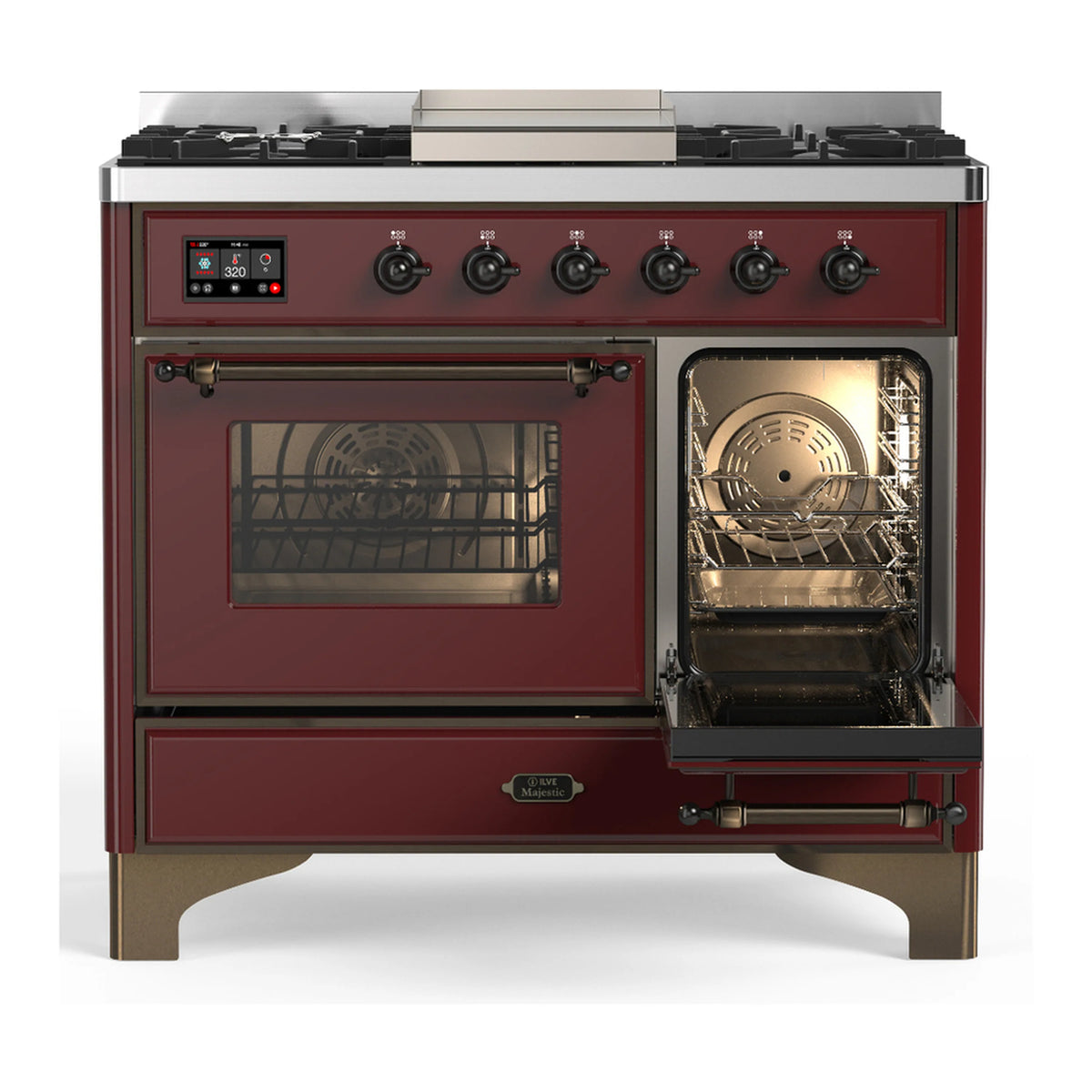 Burgundy dual-fuel range with one oven door open and illuminated oven racks